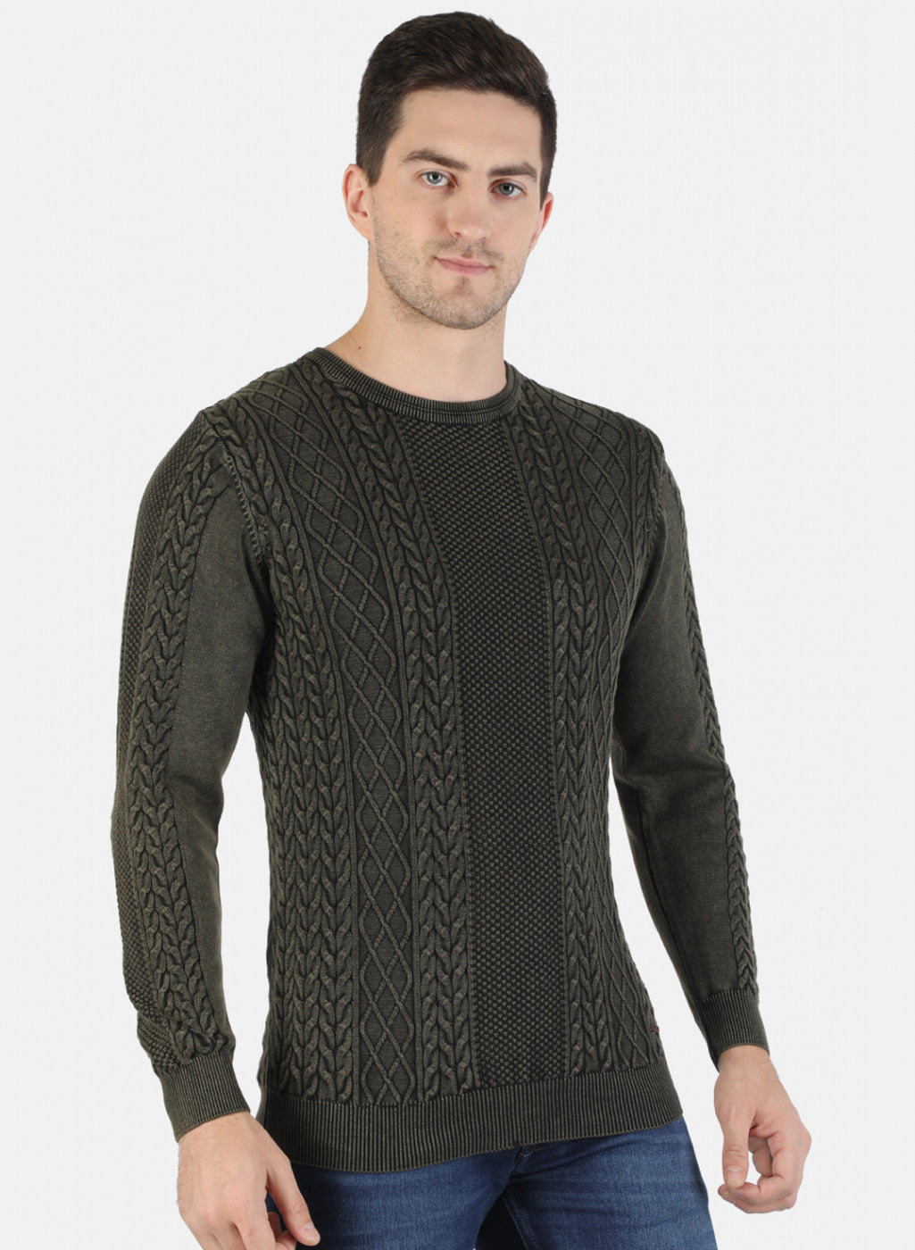 Men Olive Self Pullover