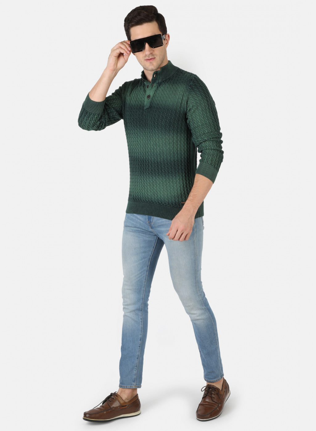 Men Green Self Design Pullover