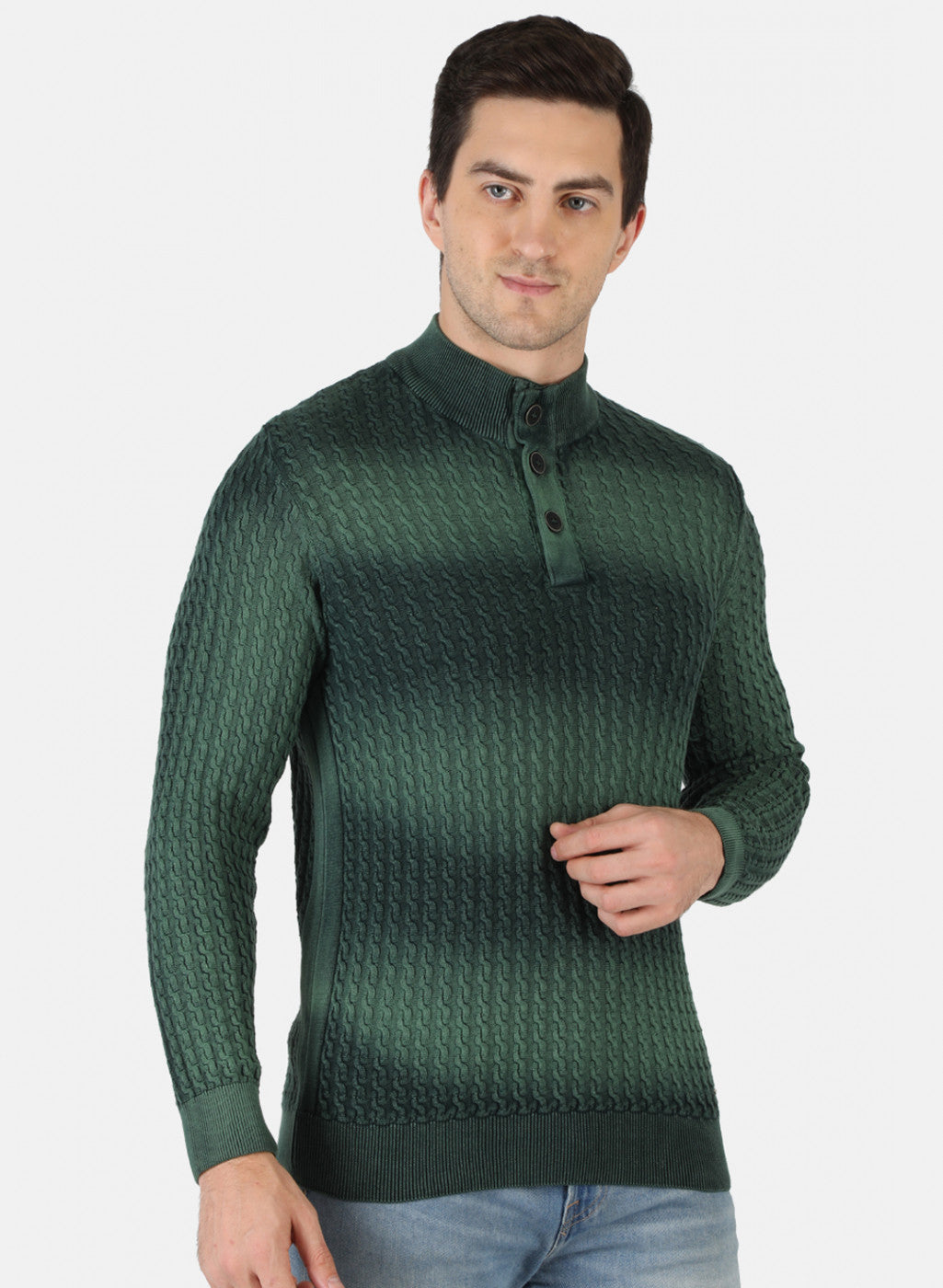 Men Green Self Design Pullover