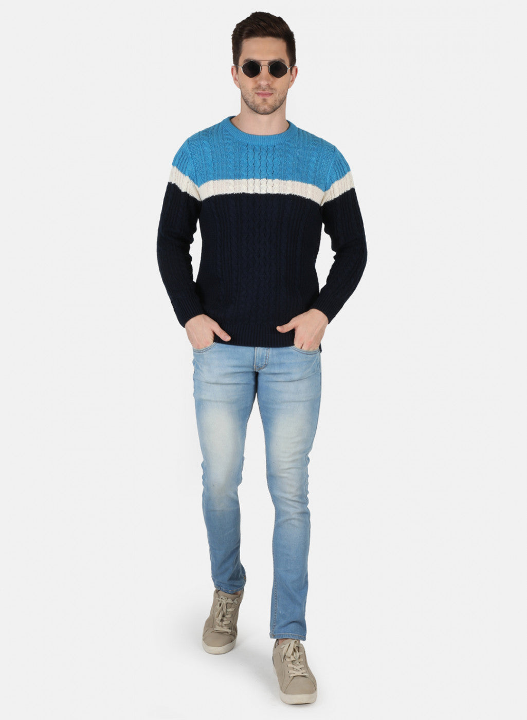 Men NAvy Blue Self Design Pullover