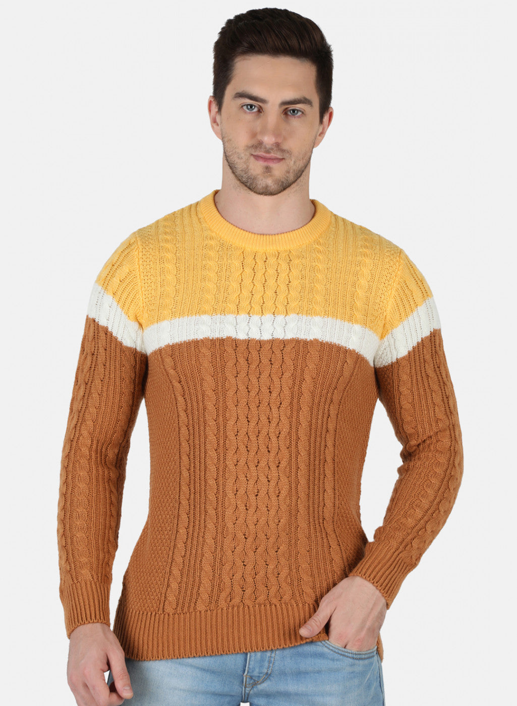 Men Orange Self Design Pullover