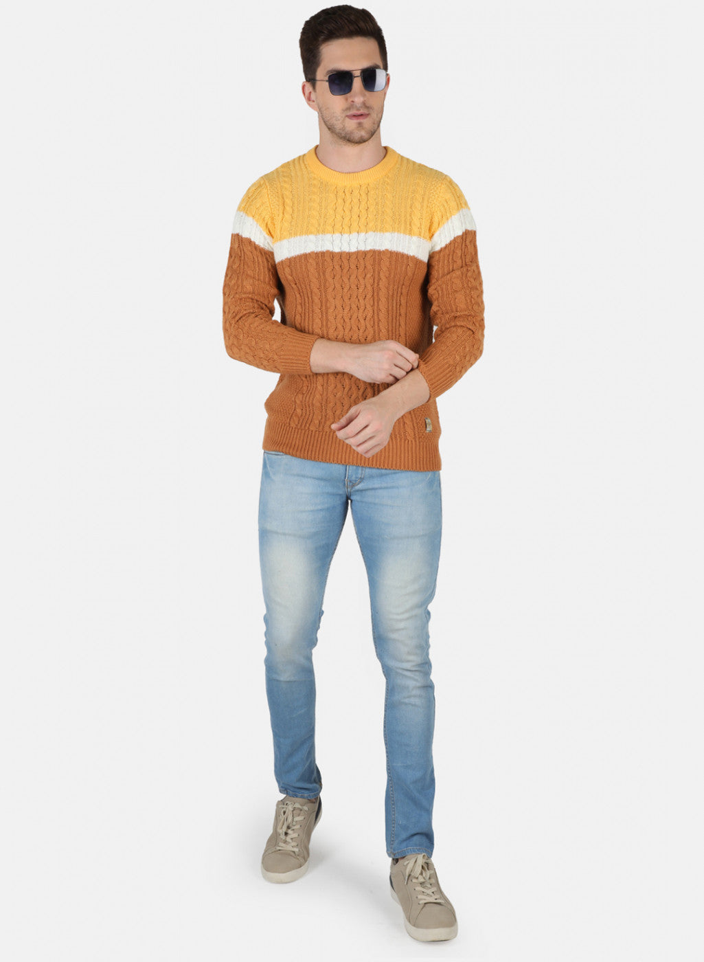 Men Orange Self Design Pullover