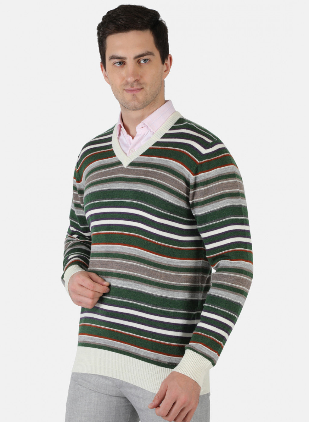 Men White & Green Self Design Pullover