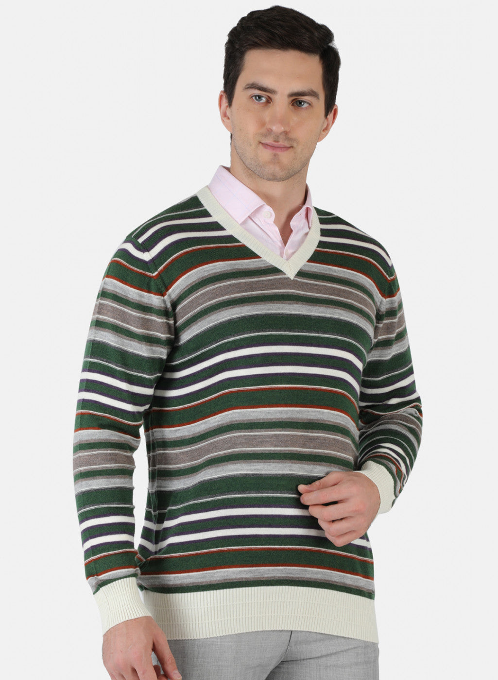 Men White & Green Self Design Pullover