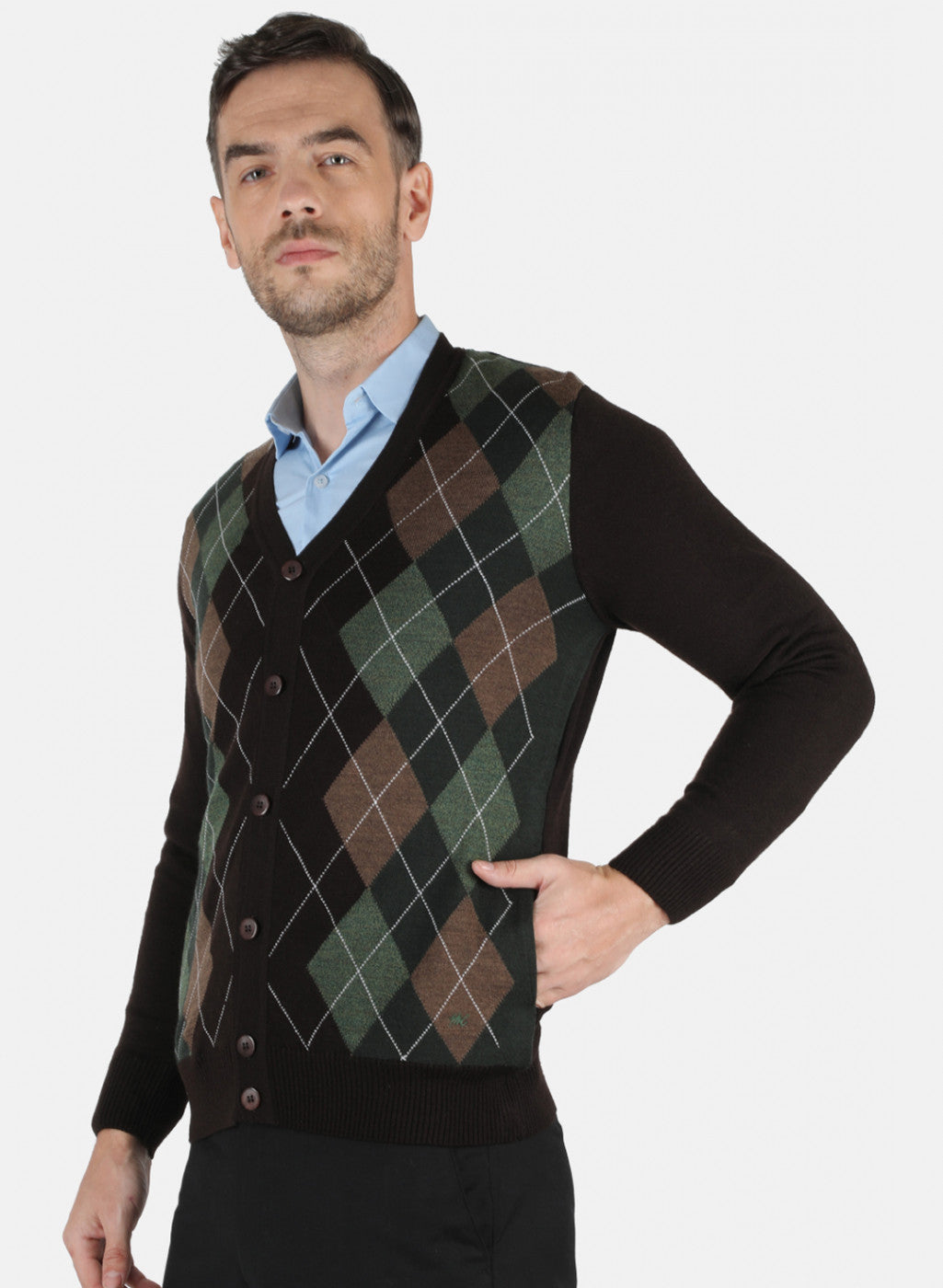 Men Brown Self Design Cardigan