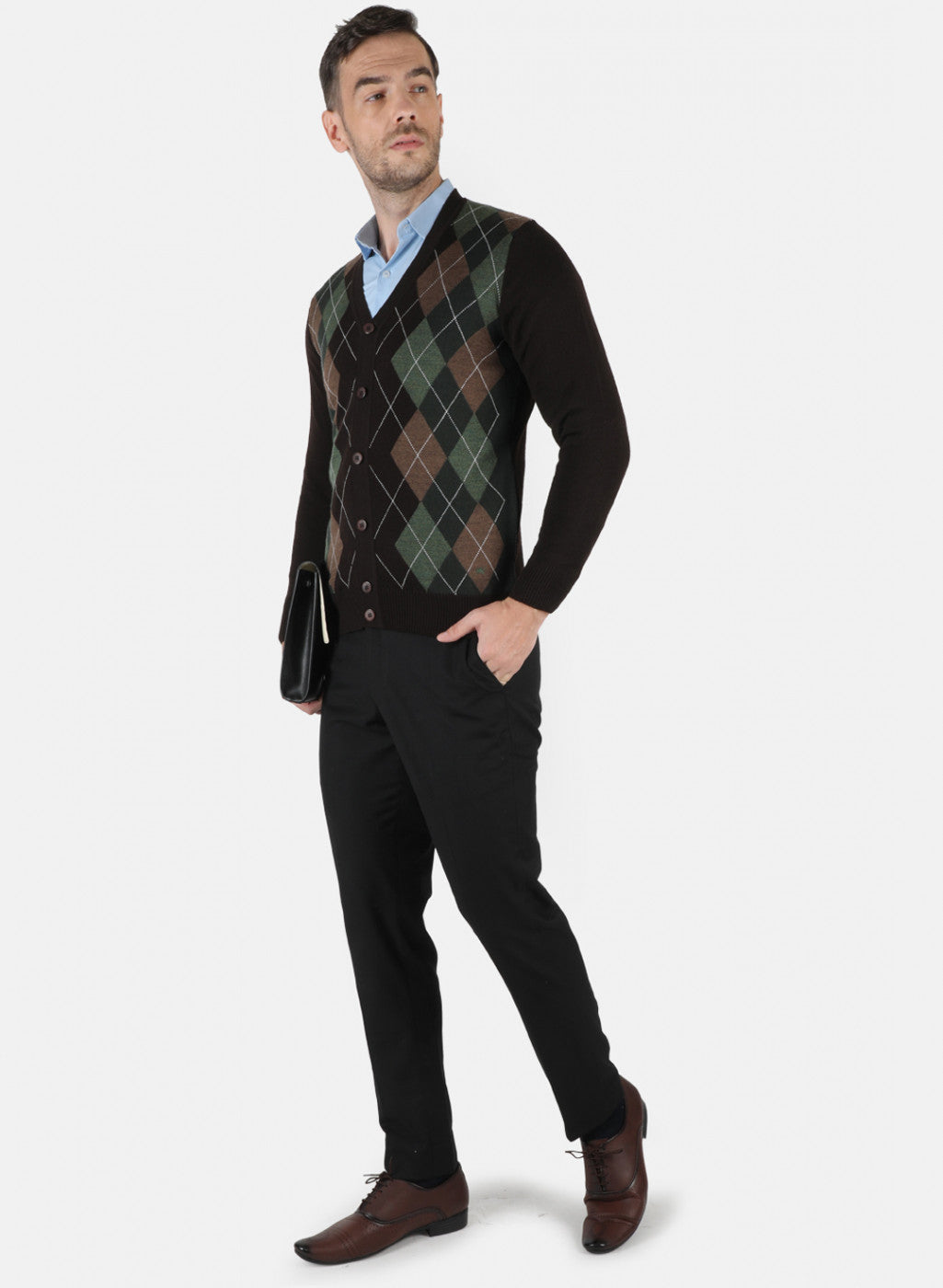 Men Brown Self Design Cardigan