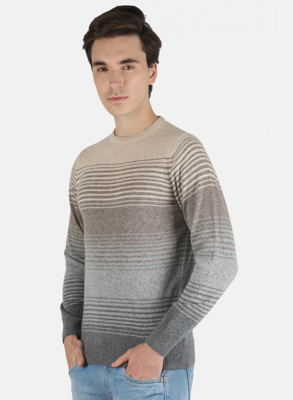 Men Light Grey Self Design Pullover