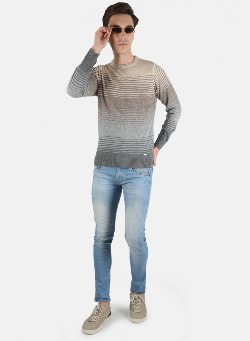 Men Light Grey Self Design Pullover