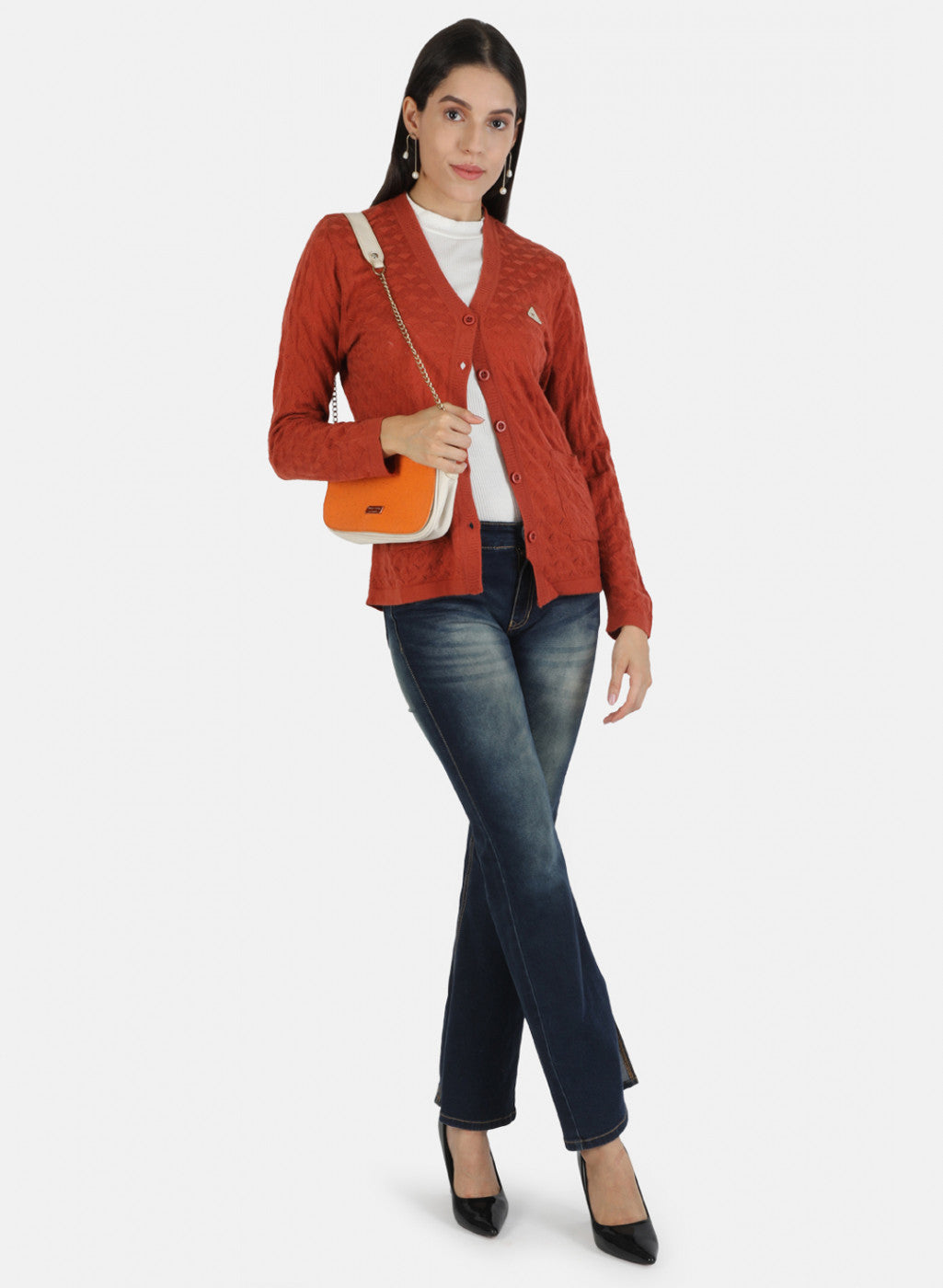 Women Orange Solid Cardigan