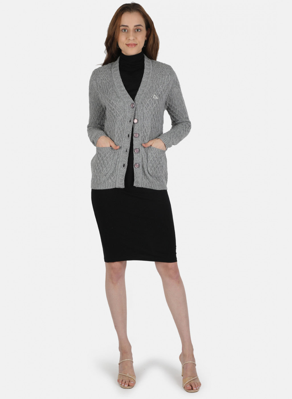 Women Grey Self Design Cardigan