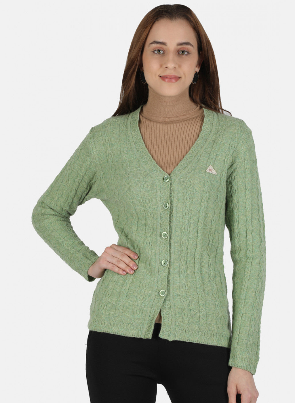 Women Green Self Design Cardigan