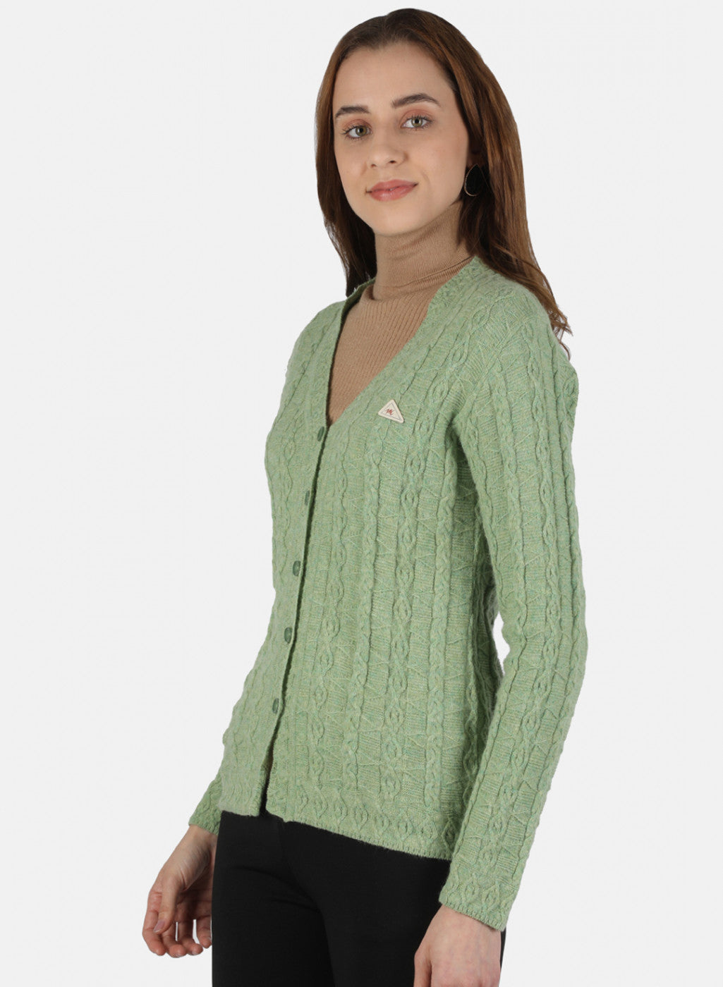 Women Green Self Design Cardigan