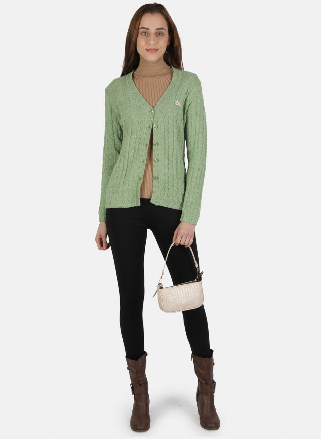 Women Green Self Design Cardigan