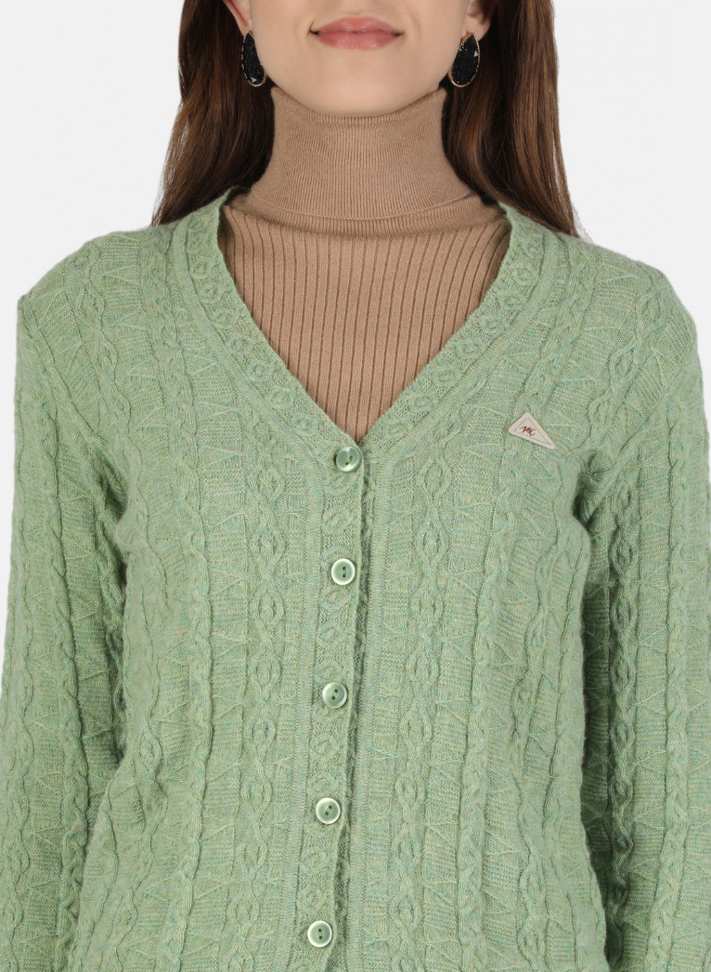 Women Green Self Design Cardigan