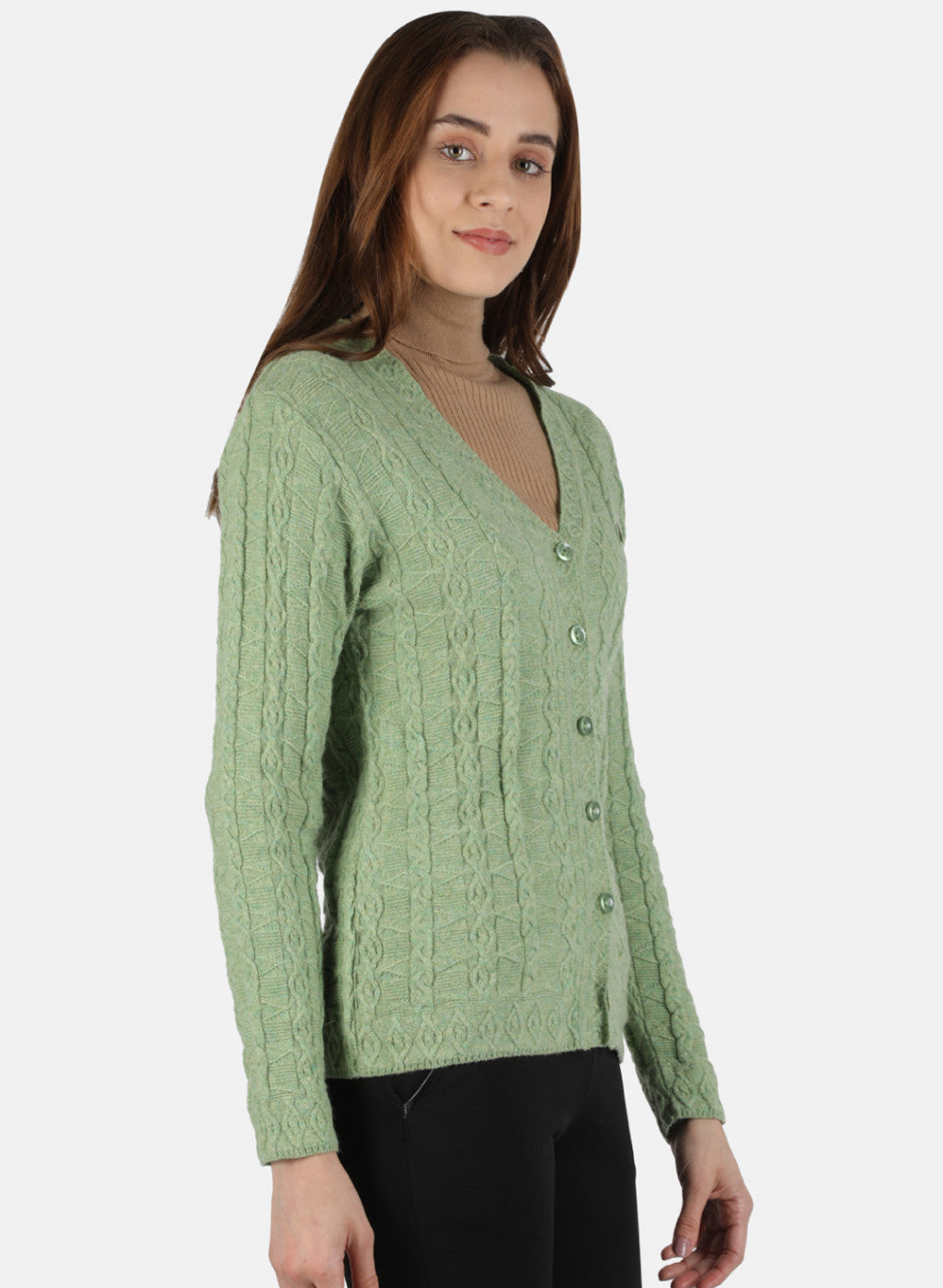 Women Green Self Design Cardigan