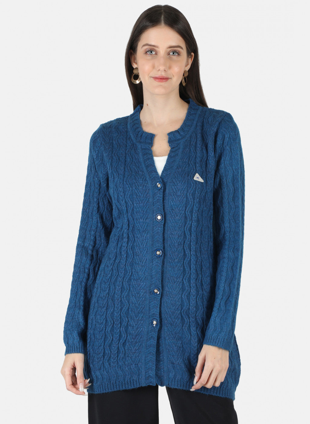 Women Blue Self Design Cardigan