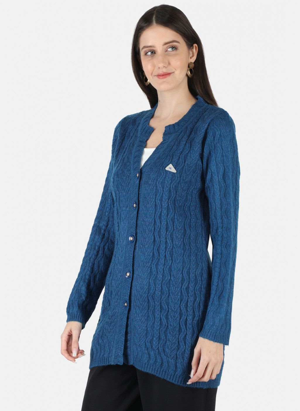 Women Blue Self Design Cardigan