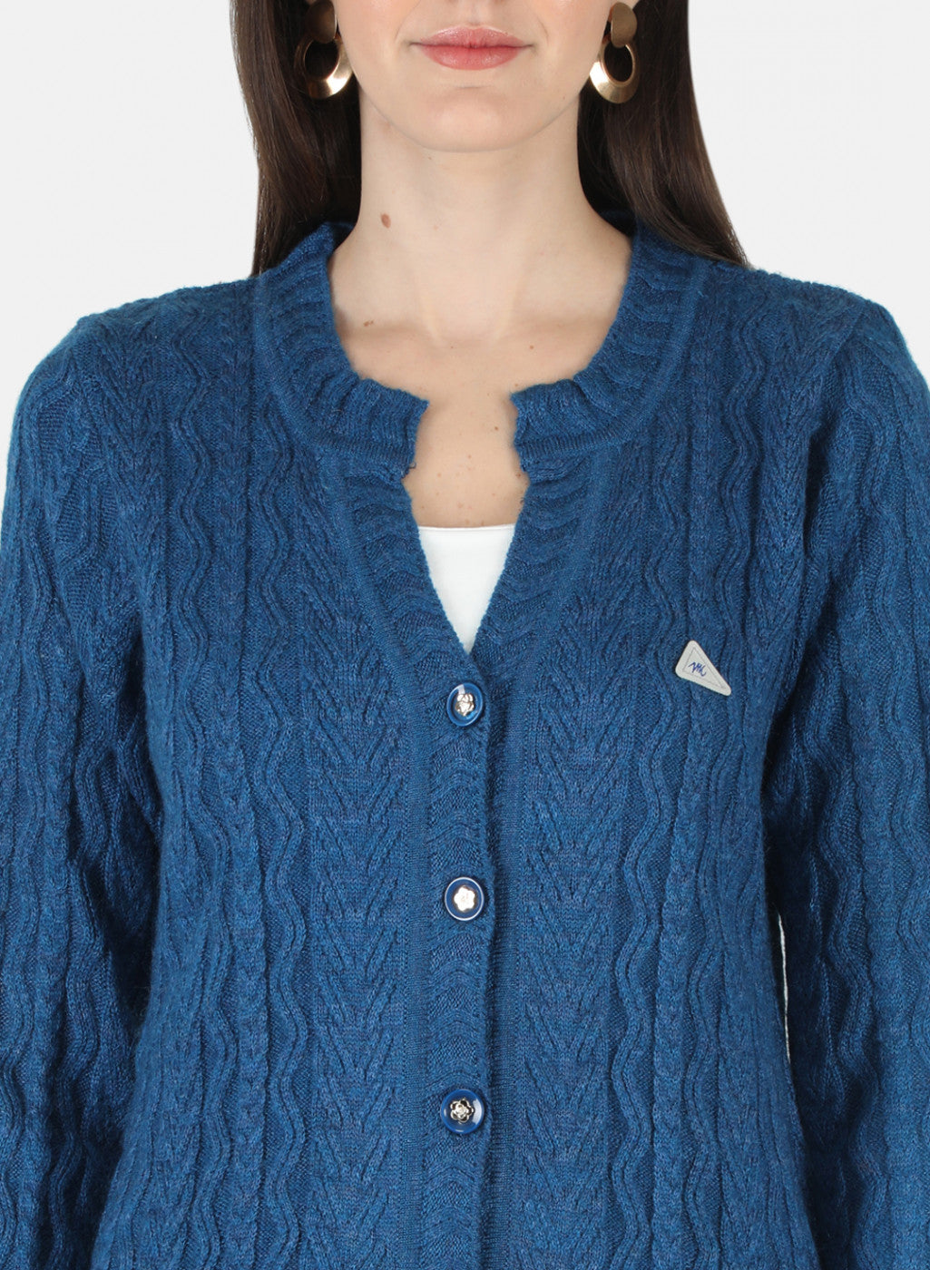 Women Blue Self Design Cardigan