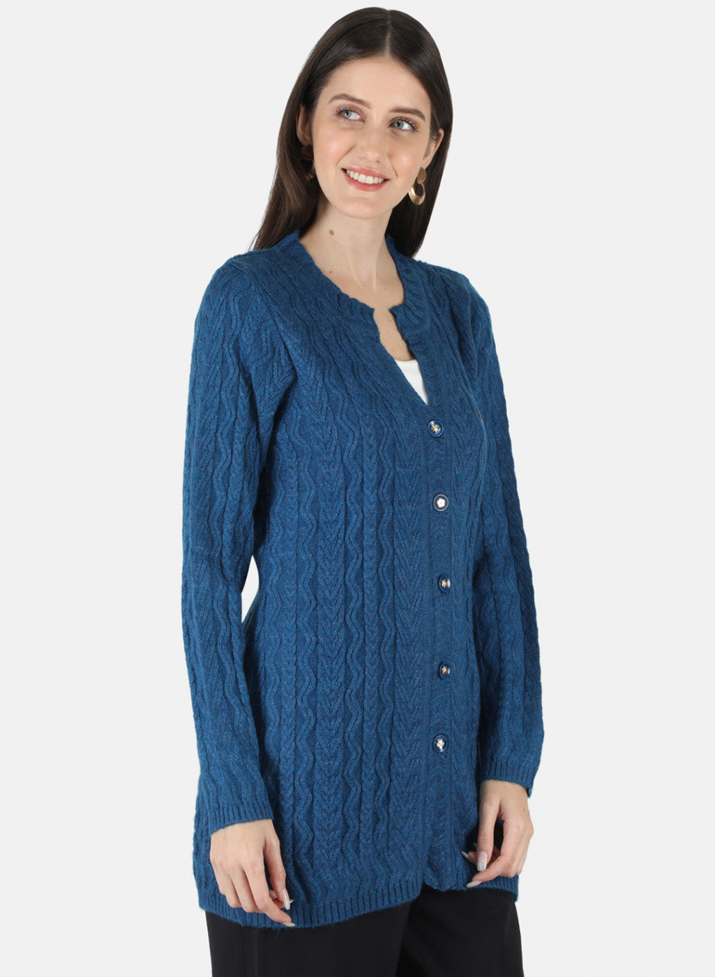 Women Blue Self Design Cardigan