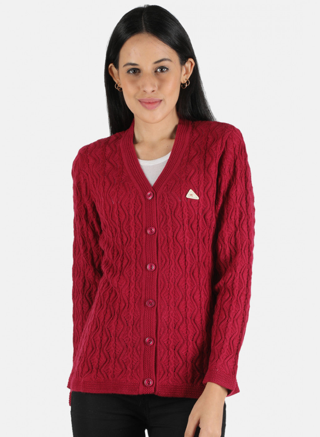 Women Red Self Design Cardigan