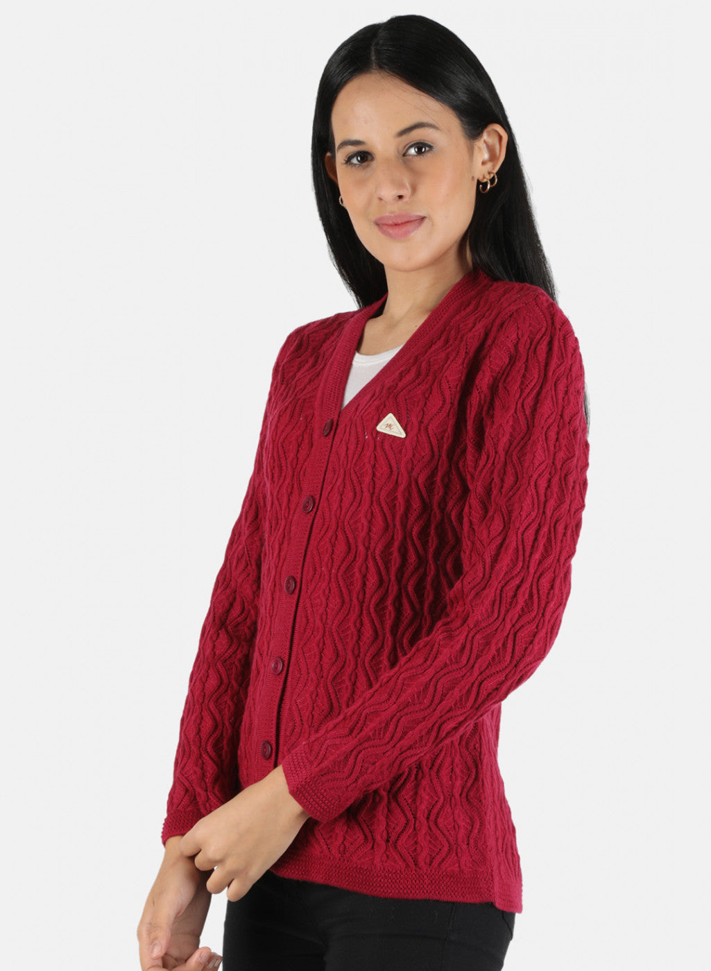 Women Red Self Design Cardigan