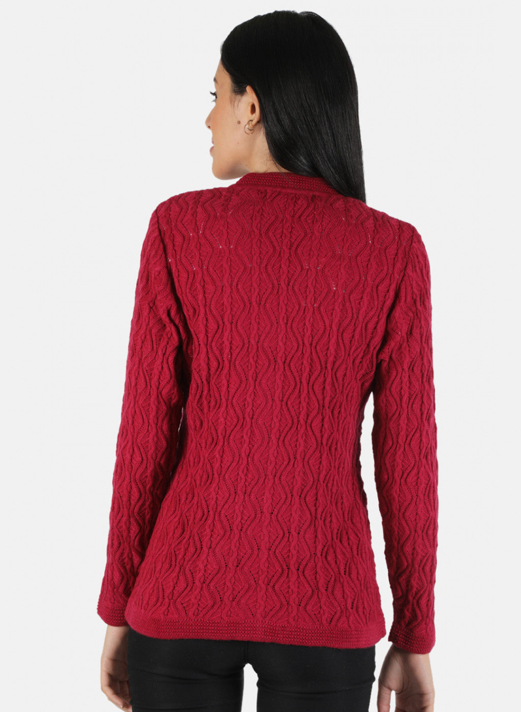 Women Red Self Design Cardigan