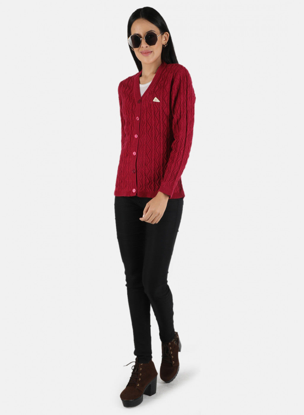 Women Red Self Design Cardigan