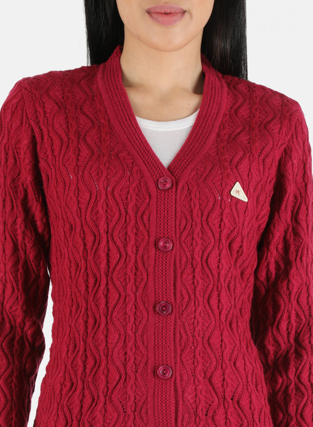 Women Red Self Design Cardigan