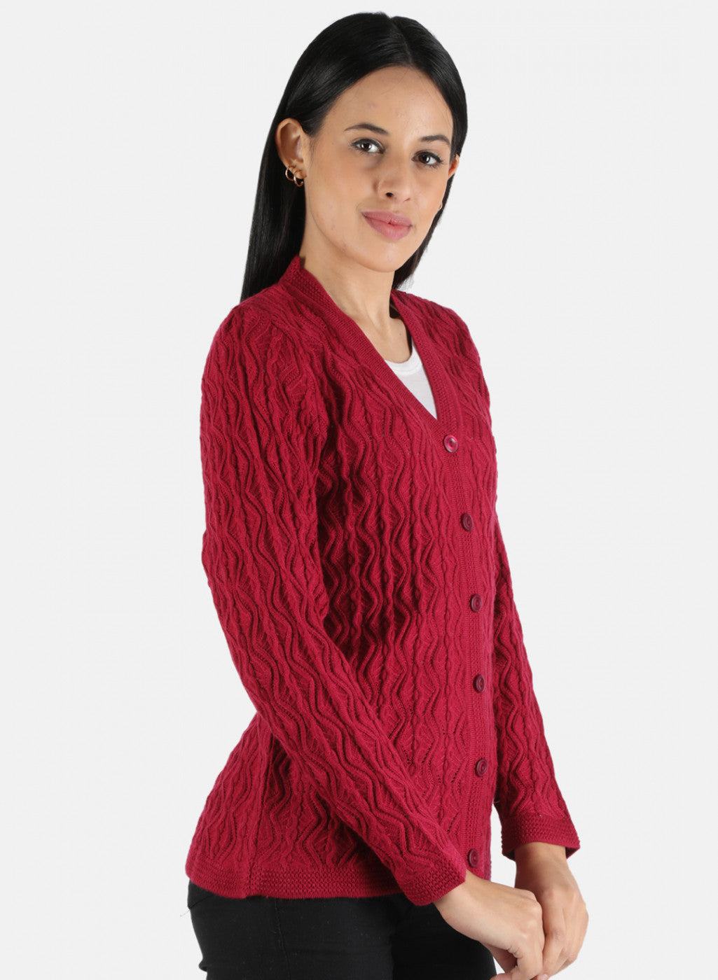 Women Red Self Design Cardigan