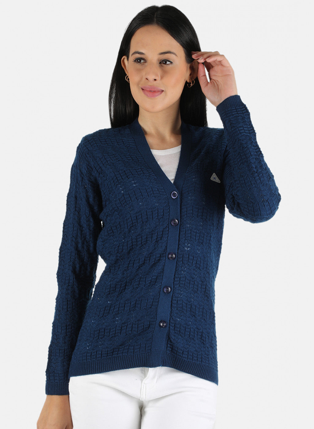 Women Blue Self Design Cardigan