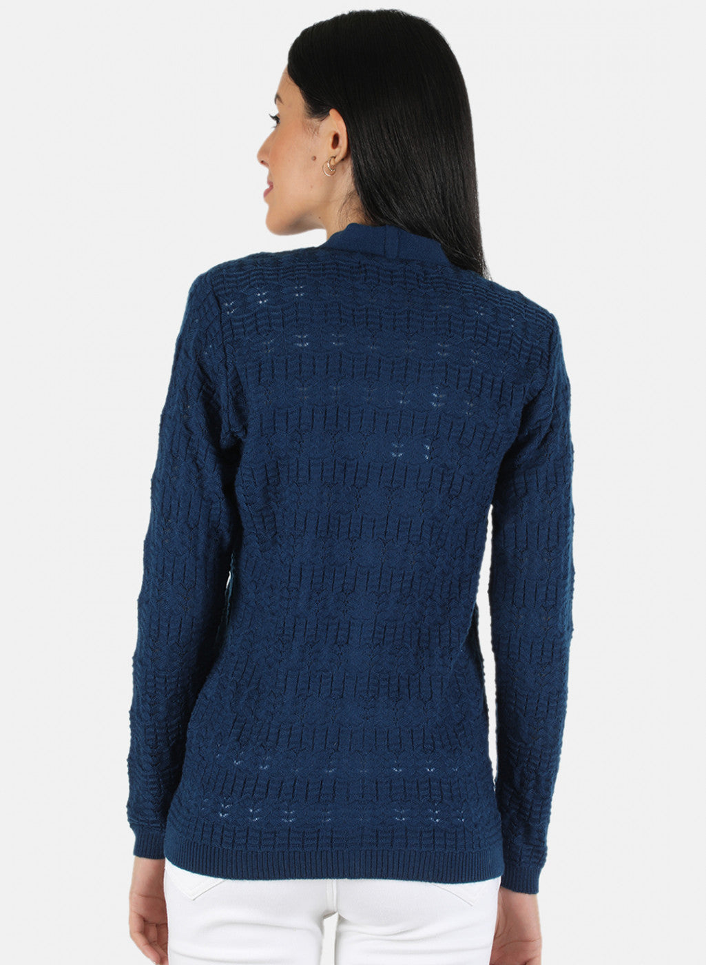 Women Blue Self Design Cardigan