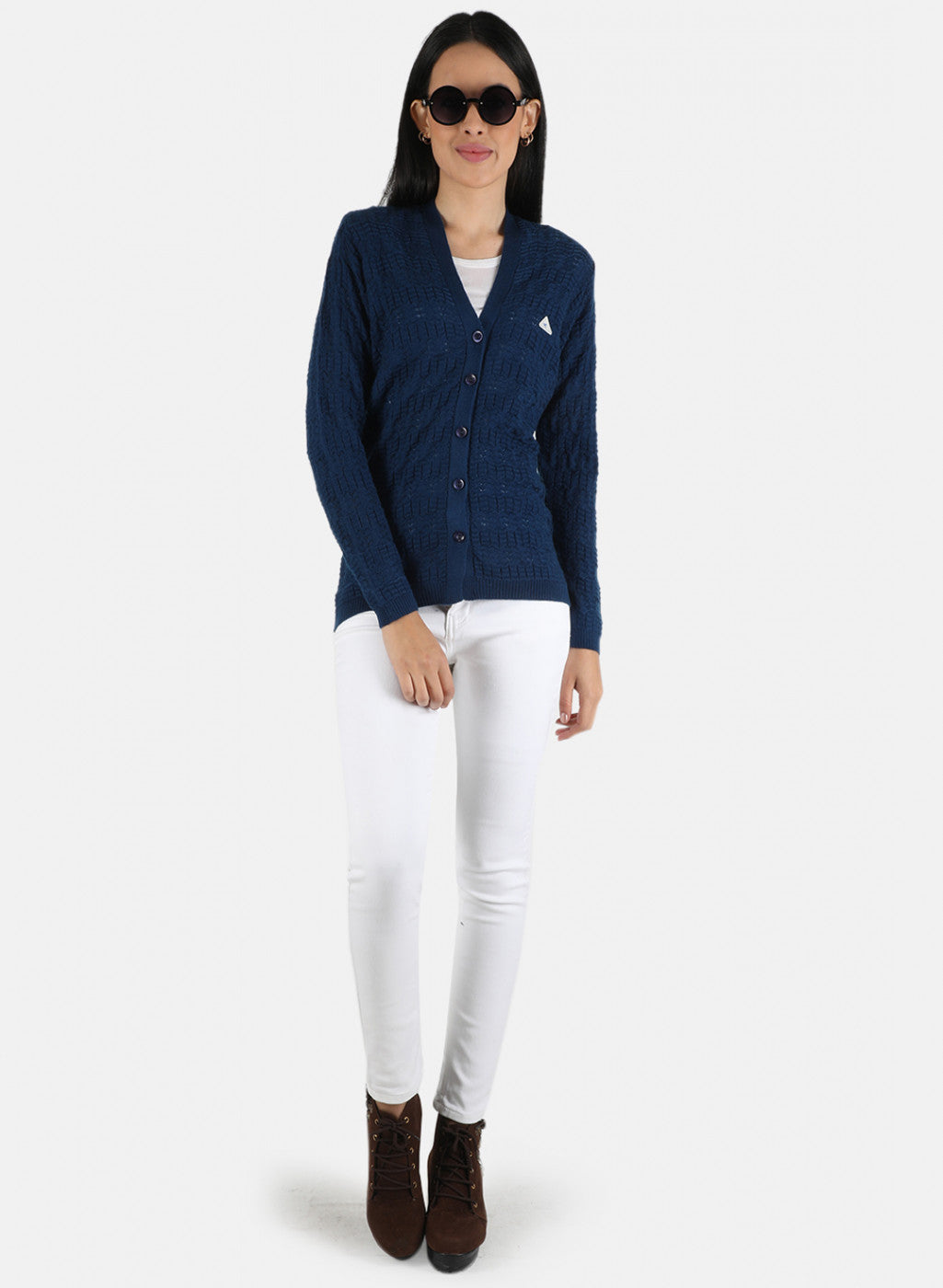 Women Blue Self Design Cardigan