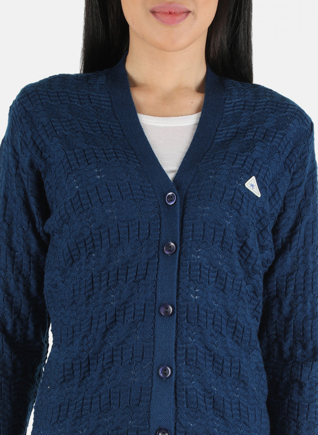 Women Blue Self Design Cardigan