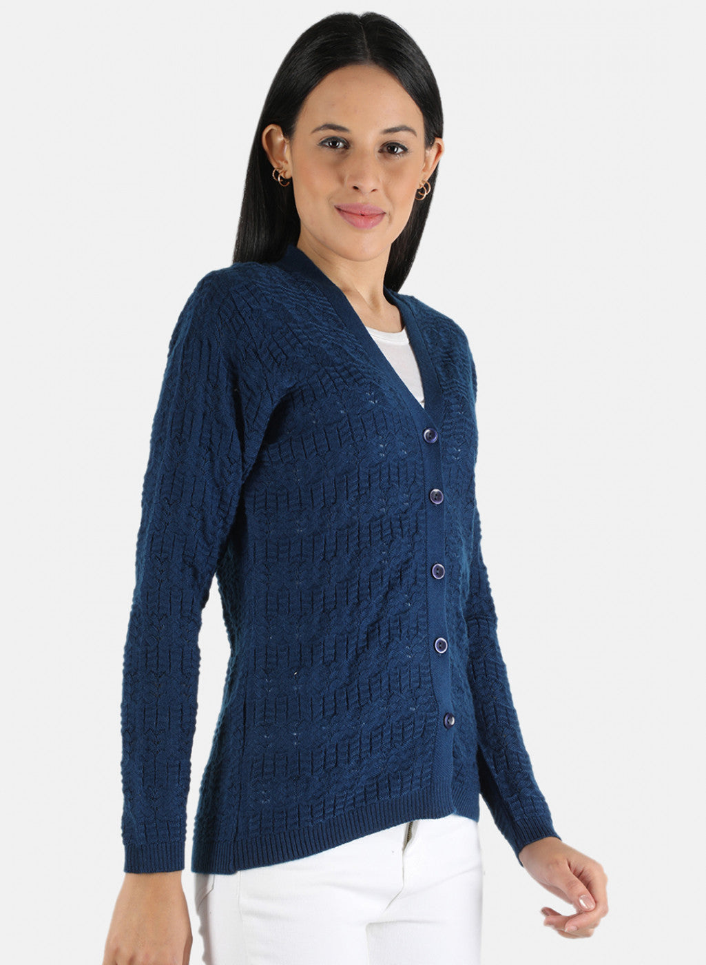 Women Blue Self Design Cardigan