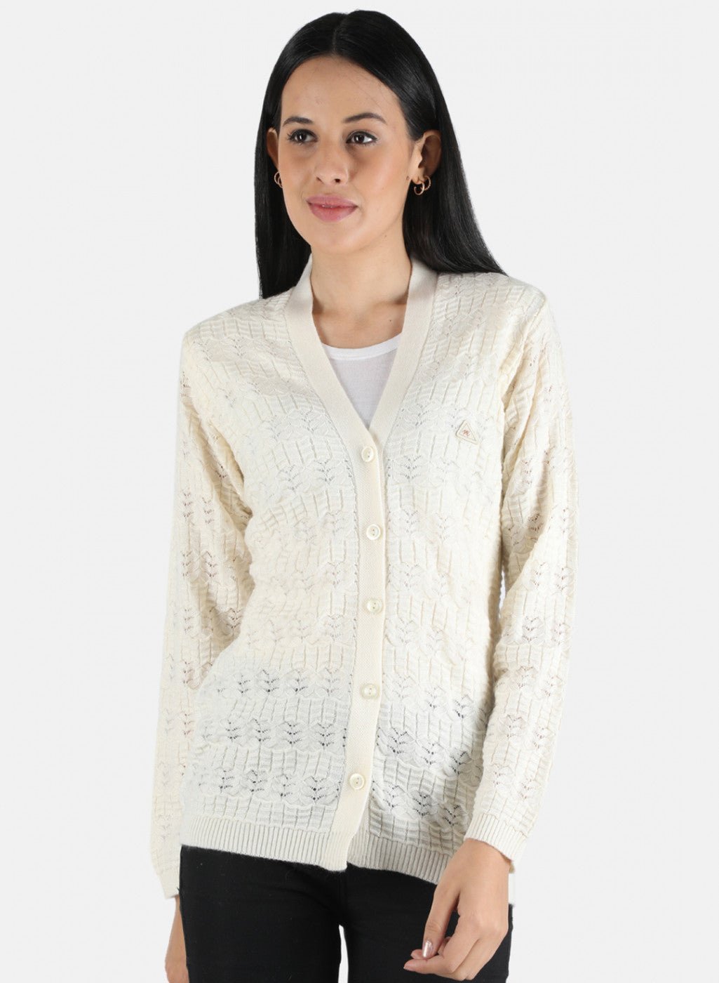 Women Off White Self Design Cardigan