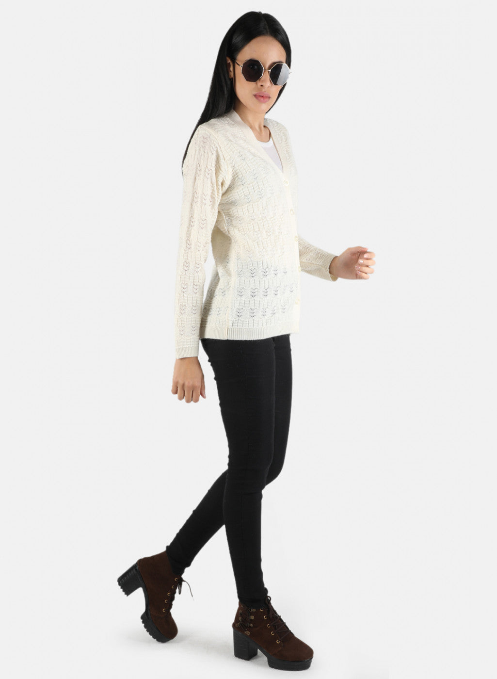 Women Off White Self Design Cardigan