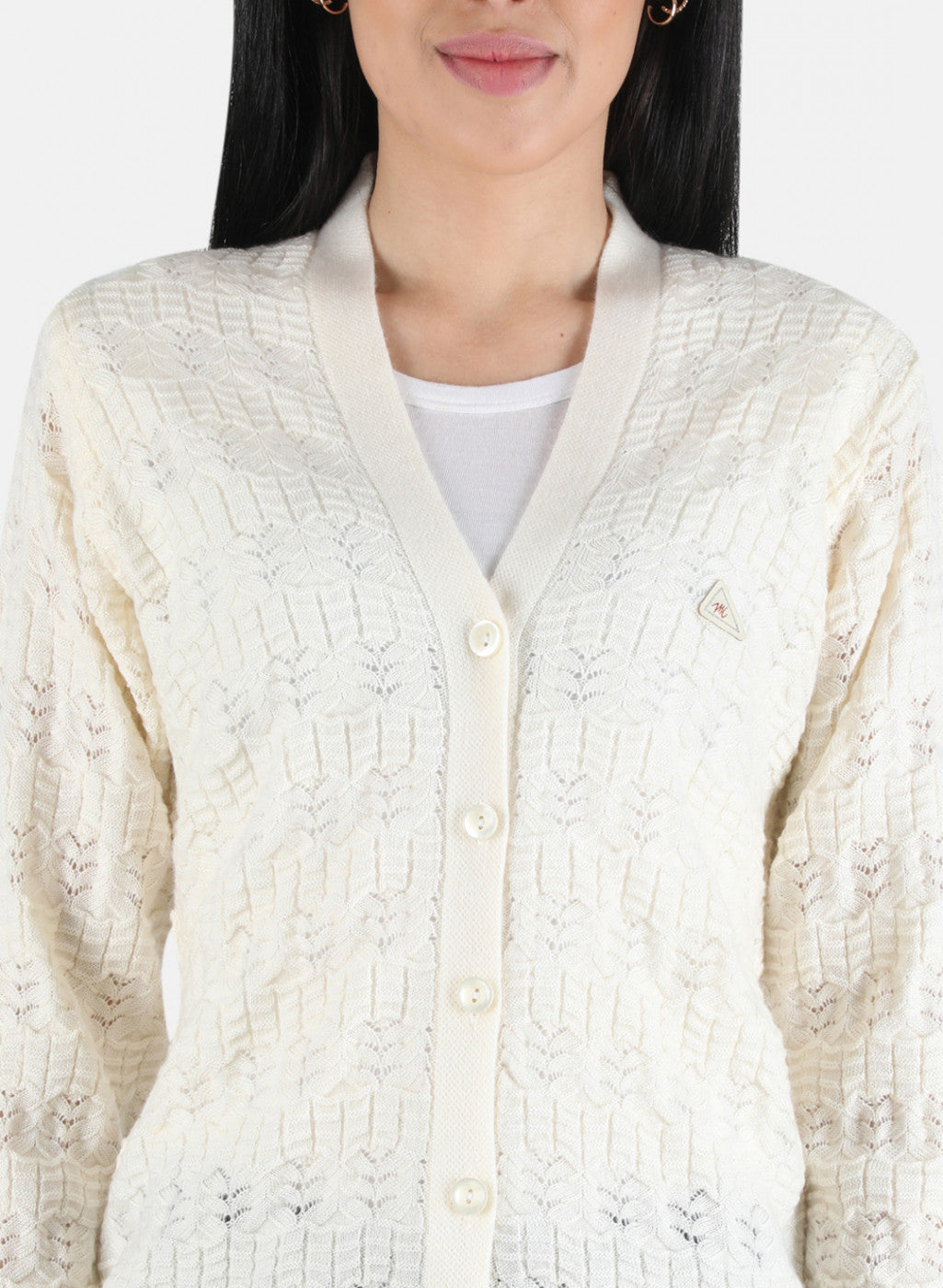 Women Off White Self Design Cardigan