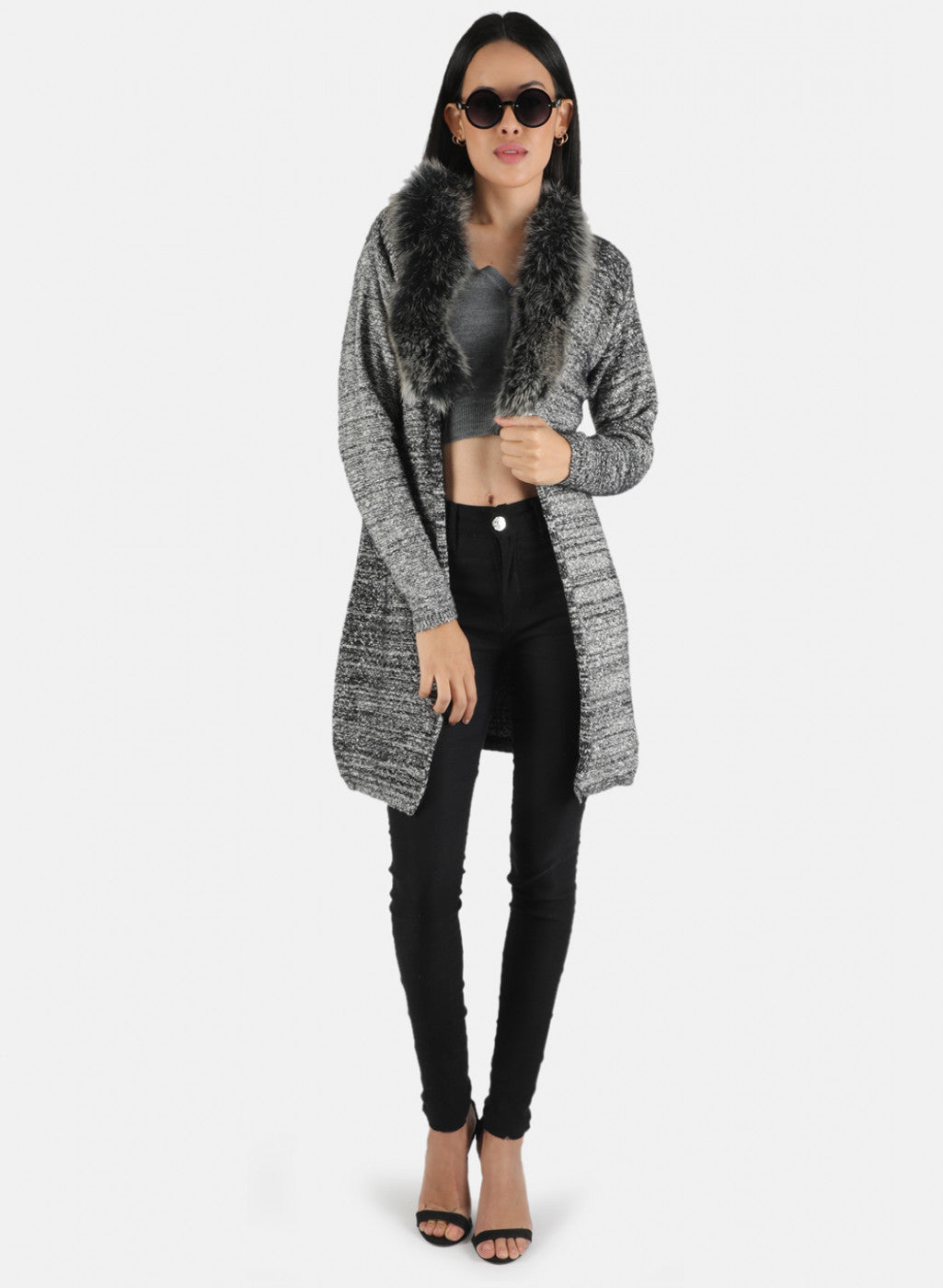 Women Grey Self Design Cardigan