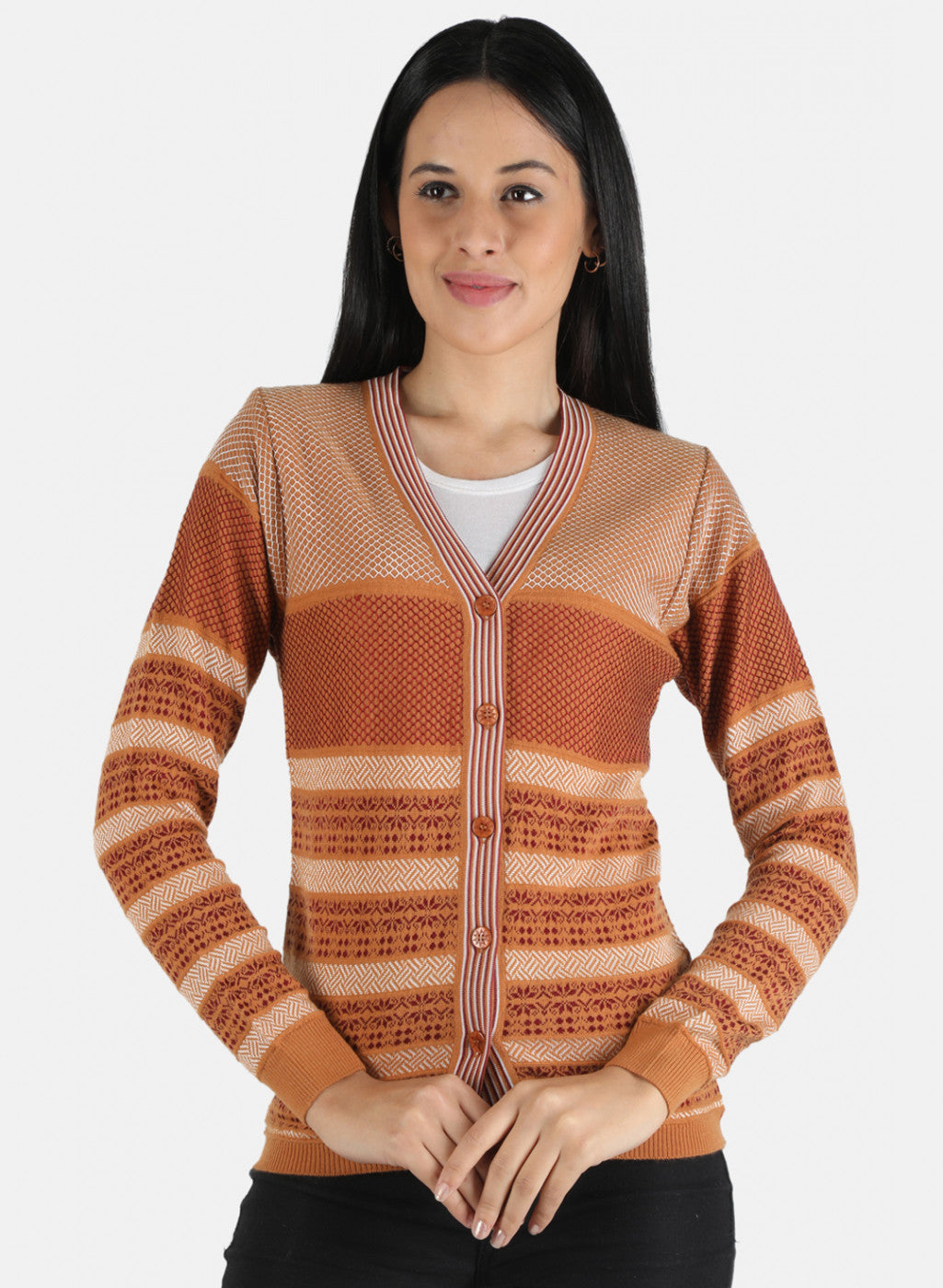 Women Orange Self Design Cardigan