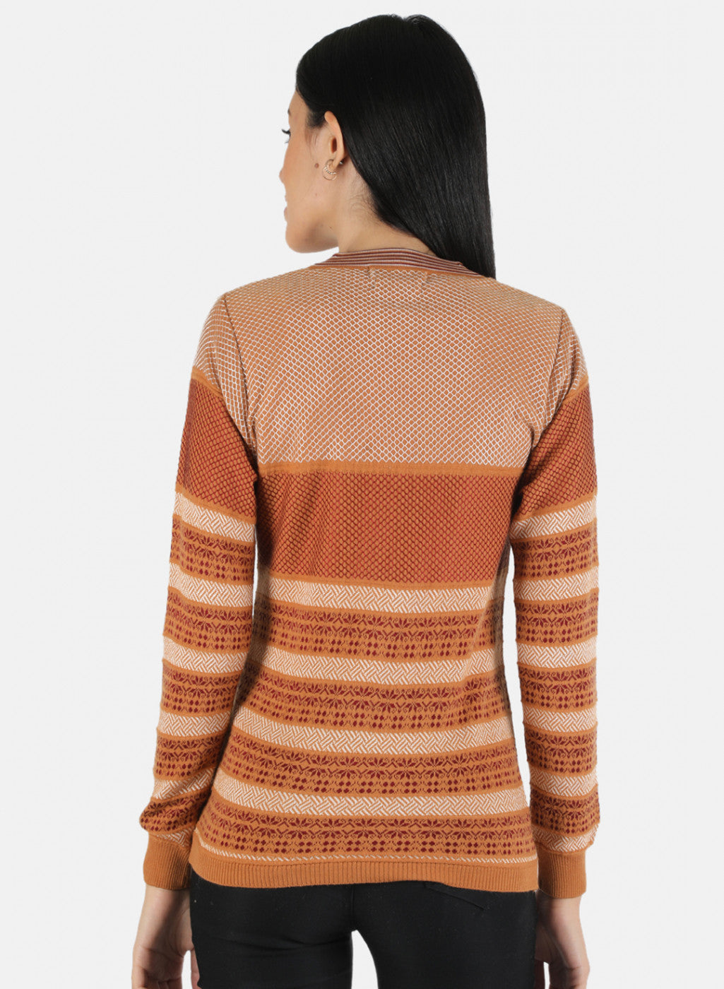 Women Orange Self Design Cardigan