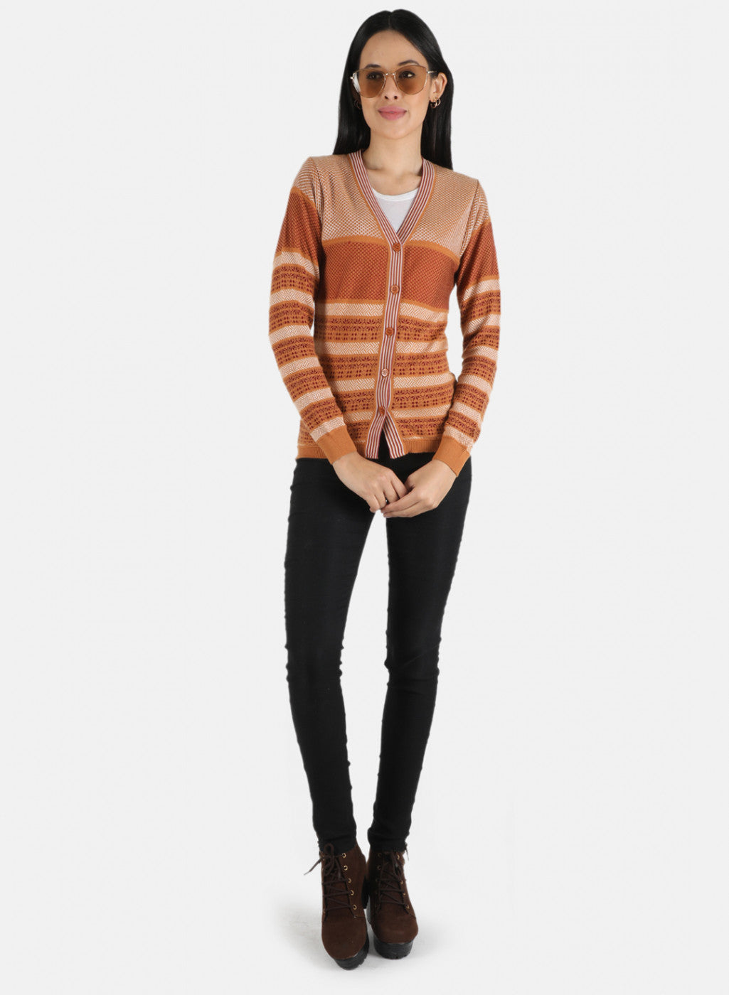 Women Orange Self Design Cardigan