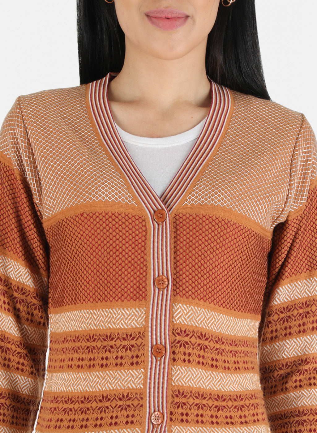 Women Orange Self Design Cardigan