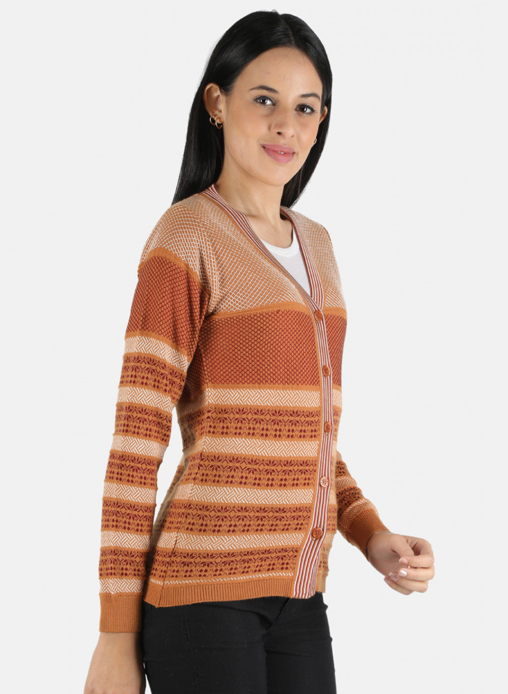 Women Orange Self Design Cardigan