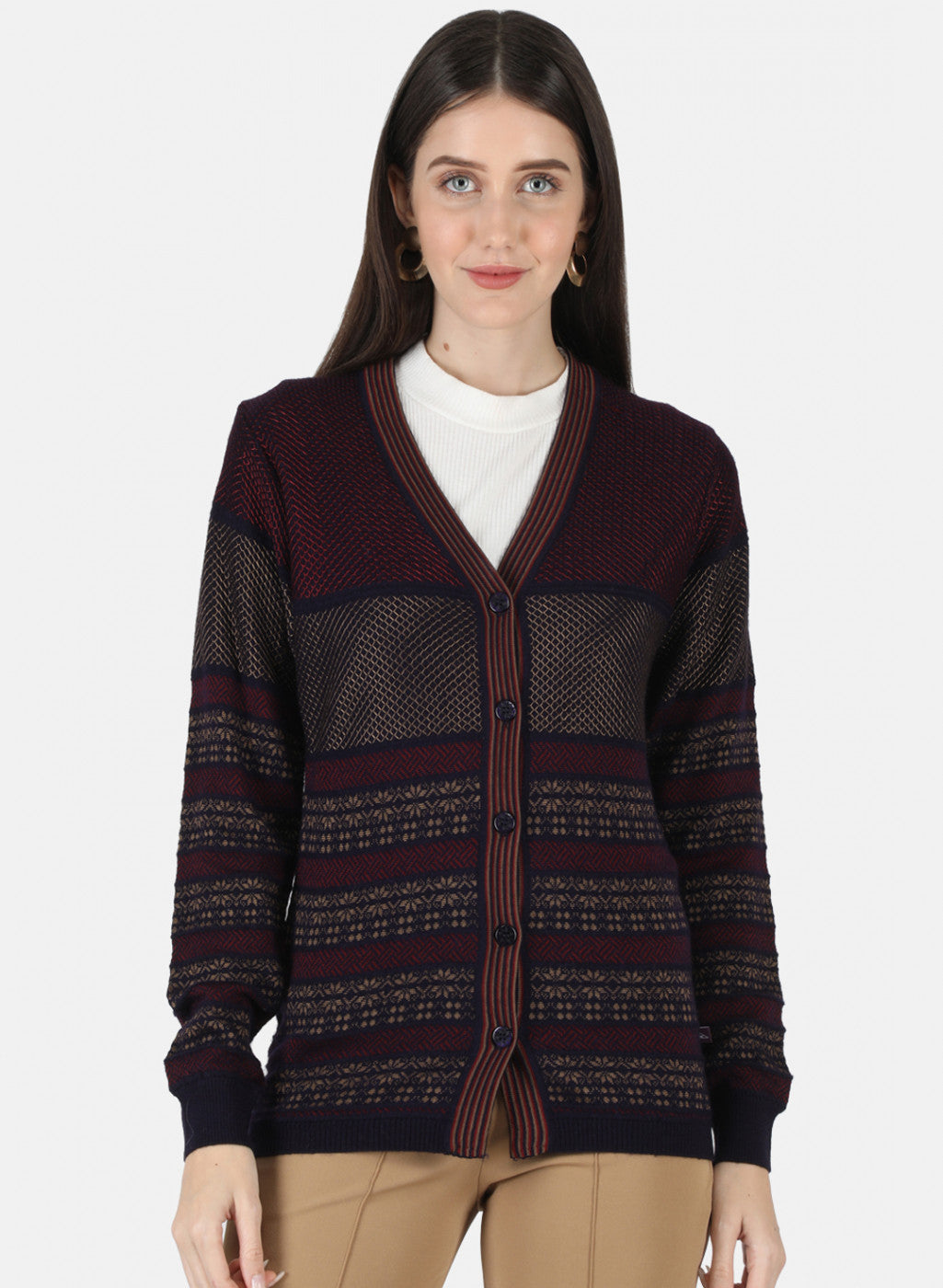 Women Maroon Self Design Cardigan