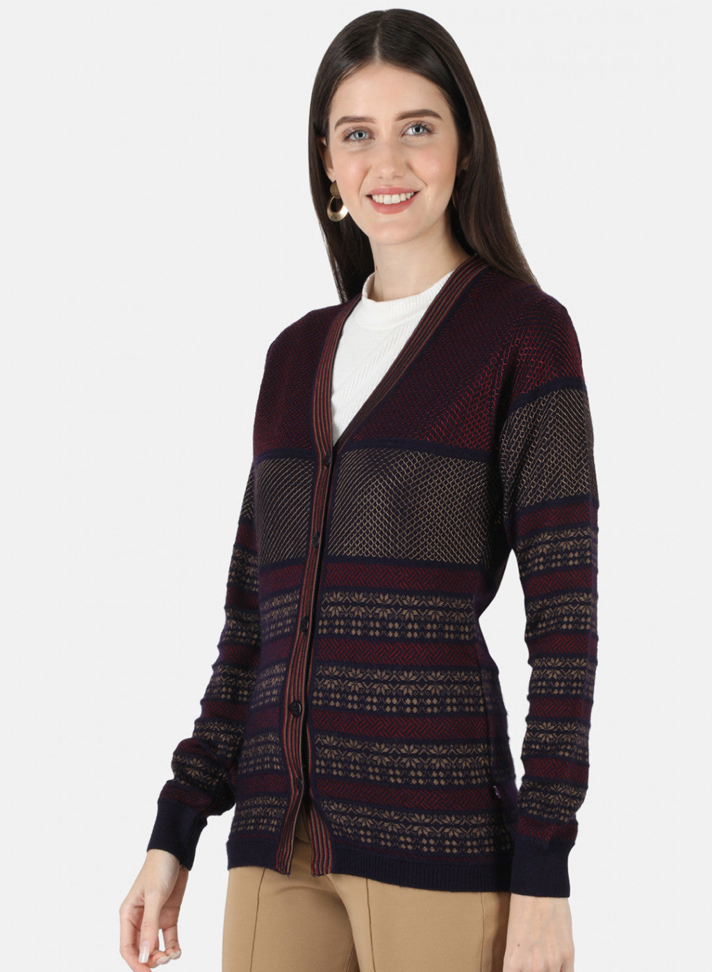 Women Maroon Self Design Cardigan