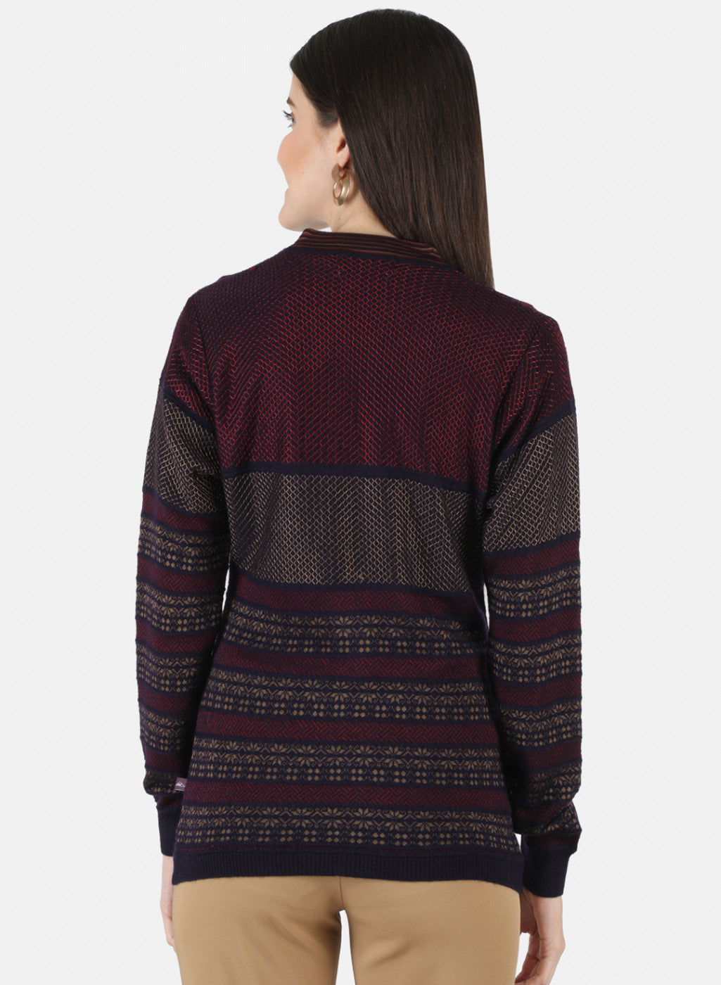 Women Maroon Self Design Cardigan