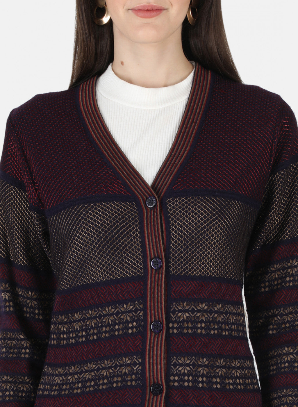 Women Maroon Self Design Cardigan