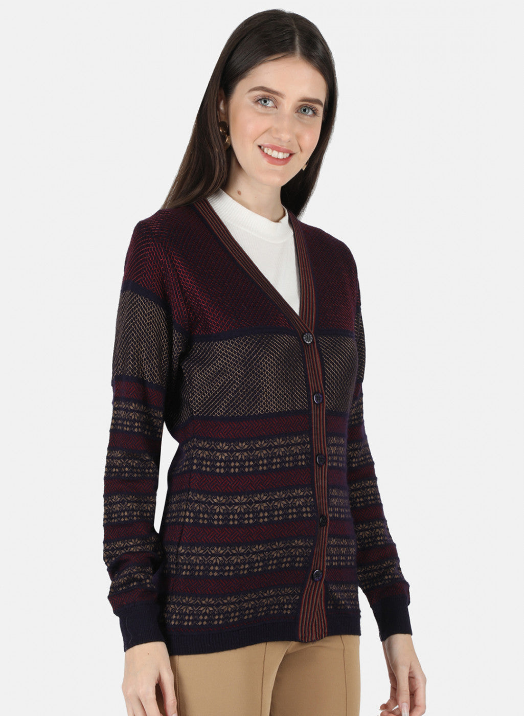 Women Maroon Self Design Cardigan