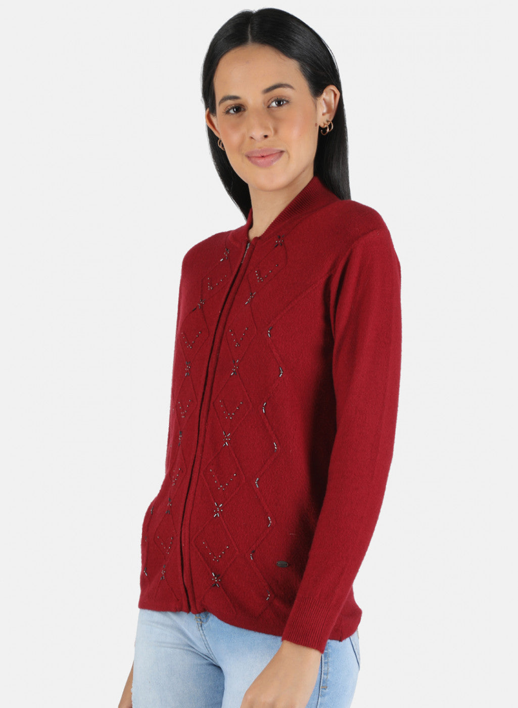 Women Maroon Self Design Pullover