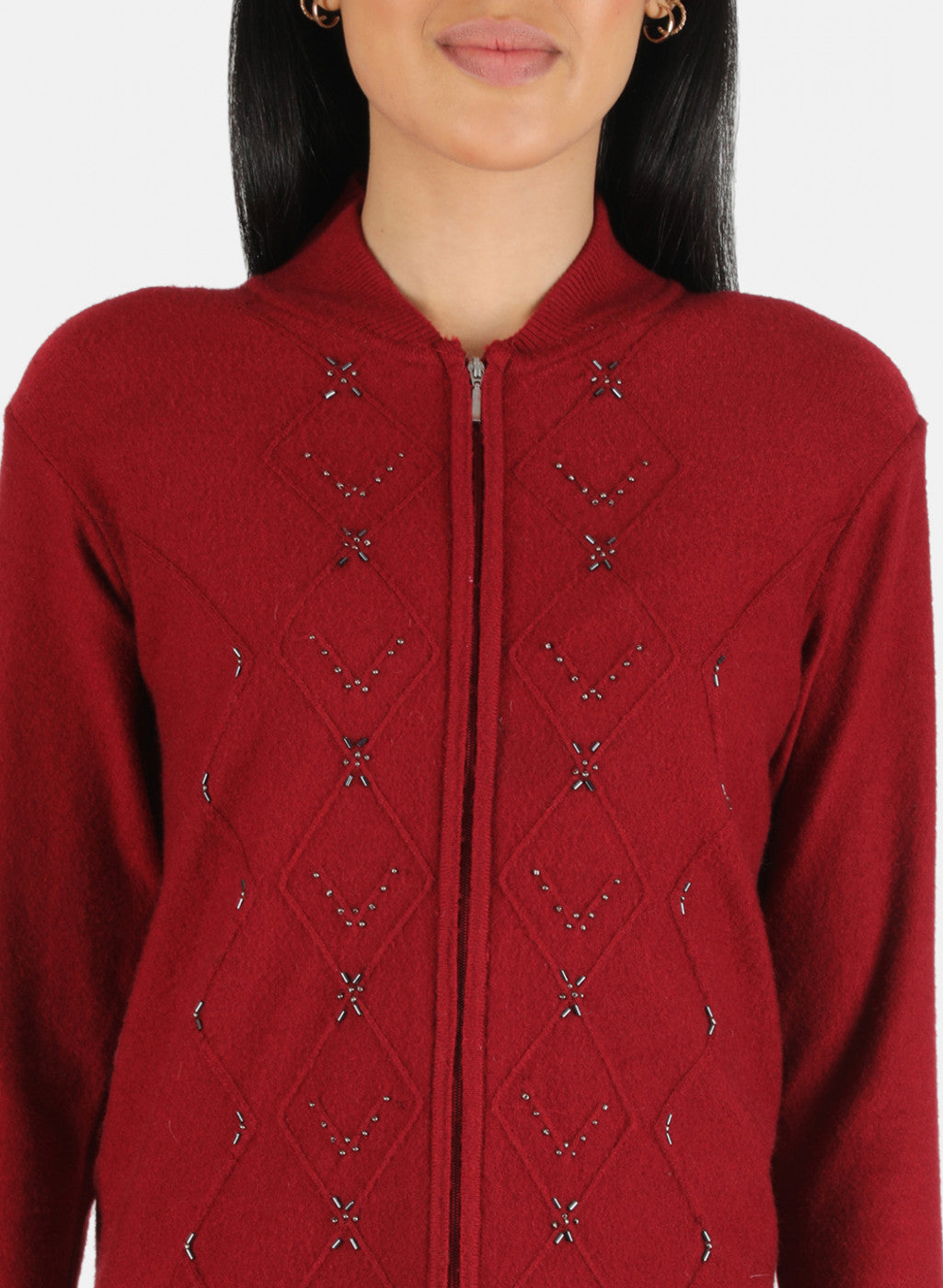 Women Maroon Self Design Pullover